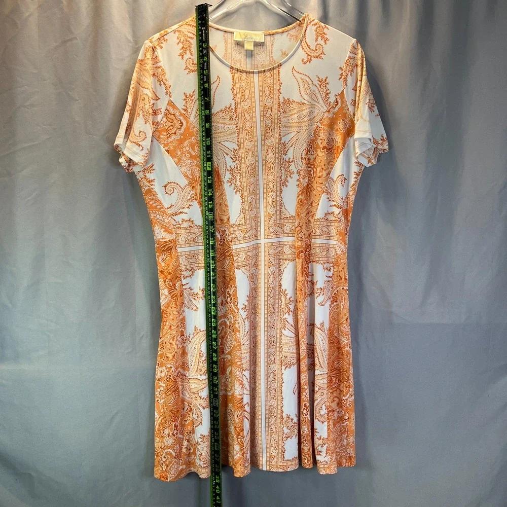 Michael Kors A Line Dress Womens Large White Orange Paisley Print Short Sleeve